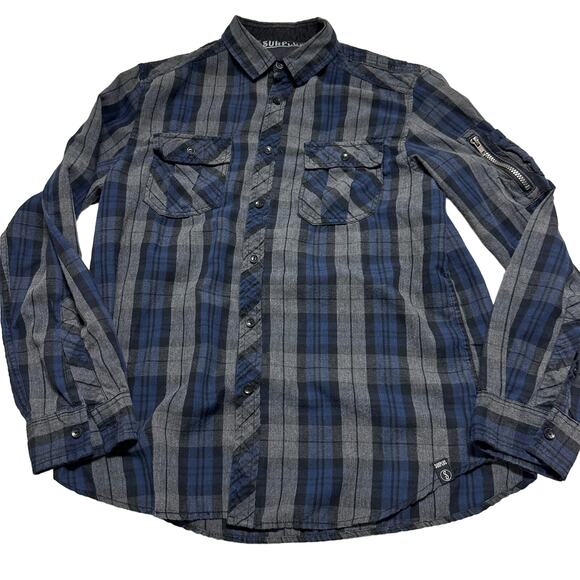 Surplus Shirt Men L Blue Gray Plaid Button Up Long Sleeve Preppy Cotton Blend - Picture 1 of 7